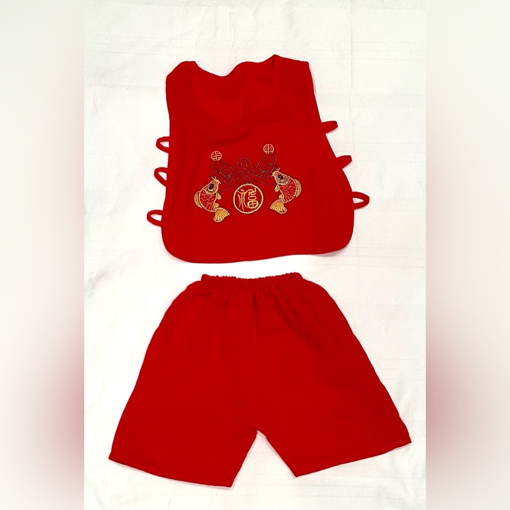 Baby Red Outfit with Gold Embroidery Chinese Character “Blessings”